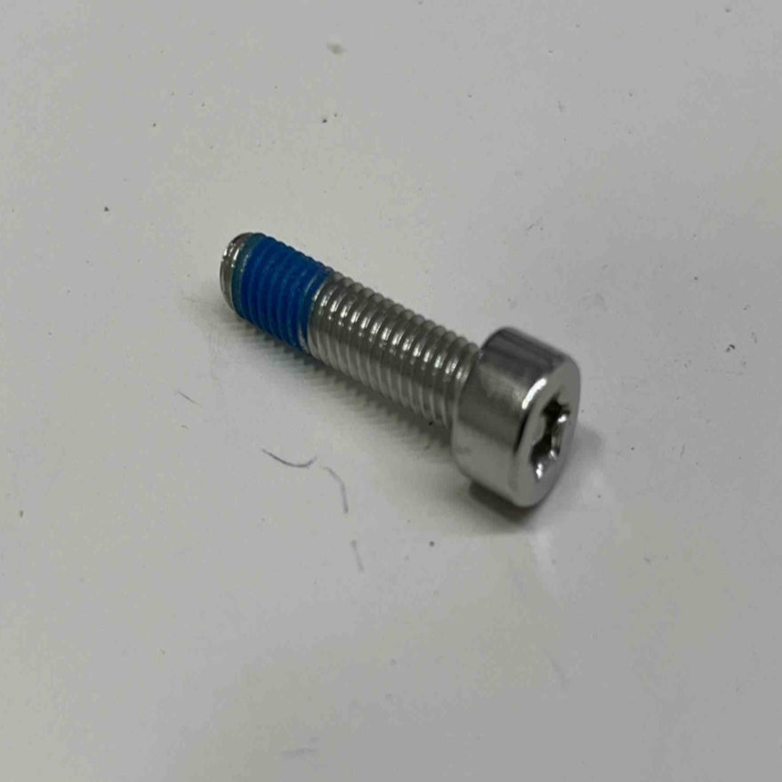 The ES600P cylindrical head torx screw by Go2place-okai-parts features a hexagonal socket, silver metal finish, and blue thread locker on its threads, ideal for secure fastening. Check the part number to ensure project compatibility.