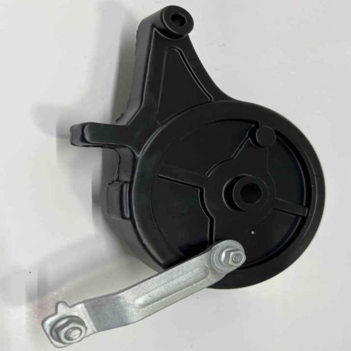 The EB100B rear drum brake from Go2place-okai-parts, part number 2032900021, is a versatile black plastic component with a triangular shape and round center. It features a pivoting metal arm with two holes and a recessed groove pattern on the main body.