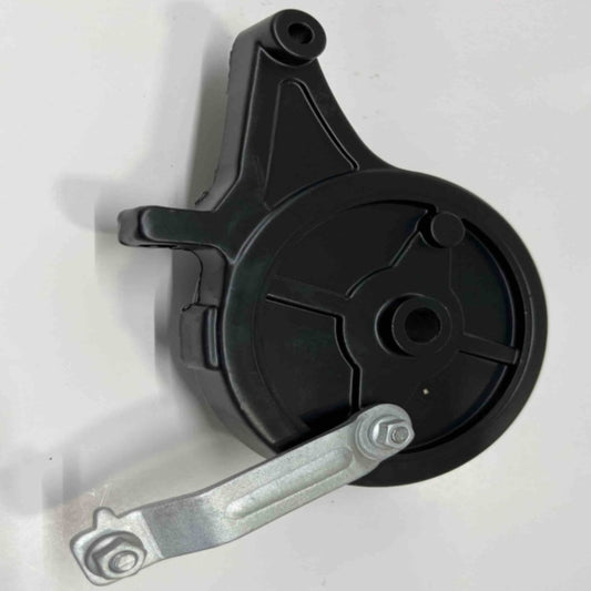 The EB100B rear drum brake from Go2place-okai-parts, part number 2032900021, is a versatile black plastic component with a triangular shape and round center. It features a pivoting metal arm with two holes and a recessed groove pattern on the main body.