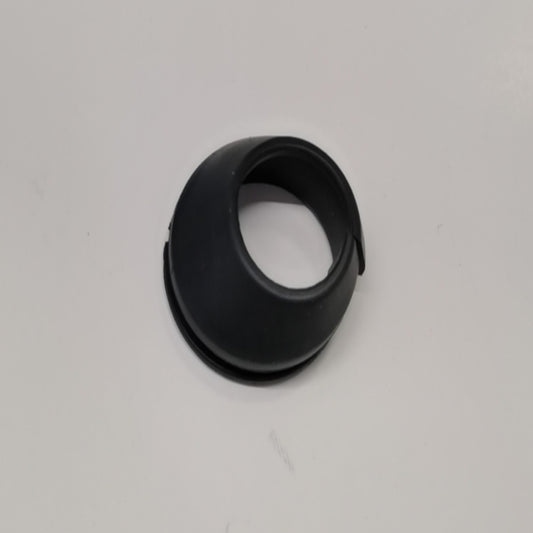 The Go2place-okai-parts EB100B seat tube cover is a sleek, dark gray dome-shaped rubber piece with a circular opening. Resting elegantly on a plain white surface, its perfect for various uses and is both functional and simple. Check the part number for compatibility and specifications.