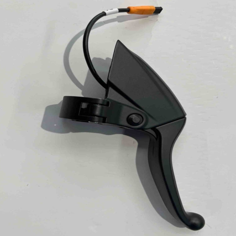 A close-up of the Go2place-okai-parts ES600P hall brake right, part number 2010900119, shows a black ergonomic lever with an attached cable featuring an orange connector tip against a plain white background.